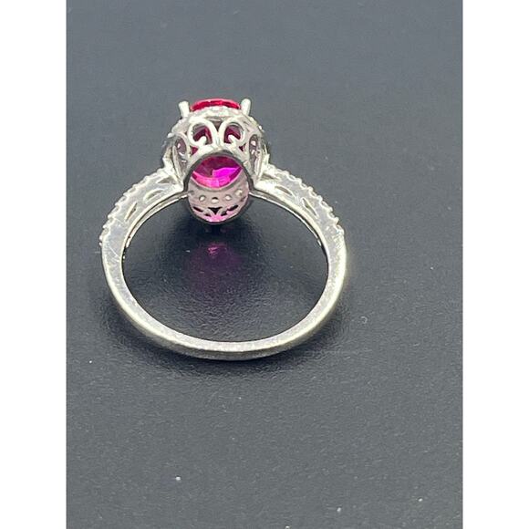 SW 925 CZ Sterling Silver Lab Created Red Ruby and CZ Halo ring Sz 7.5 - Picture 7 of 10